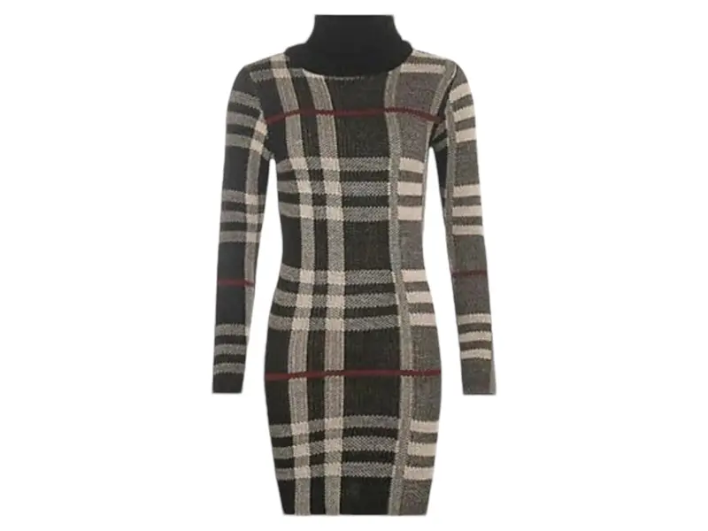 New Womens Polo Neck Tartan Knitted Midi Ladies Long Sleeve Bodycon Jumper Dress 2