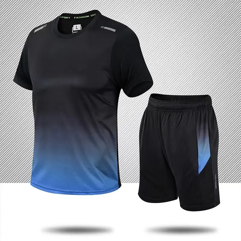 Casual Fitness Men's Ice Silk Quick-Drying Sportswear Suit Summer Short Sleeve Morning Running Feather Basketball Training Room Shorts 4