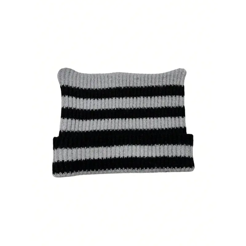 E&I     New Handmade Striped Knit Beanie with Devil and Cute Cat Ear Design for Women, a Couple - Style Casual Warm Cap Perfect for School 2
