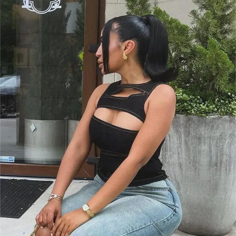 Talenza Women's Sleeveless Round Neck Vest Summer Solid Color Hollow Slim Vest Top Fashion Sexy Streetwear Women's Slim Vest Top Womenswear Comfort Basic Black Casual Minimalist 3