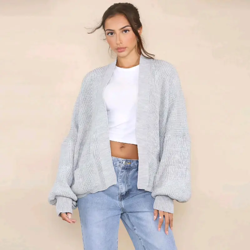 Women's Oversized Knitted Short Cardigan with Balloon Sleeves - Casual, Clothing Comfortable Knitwear Soft Womenswear 3