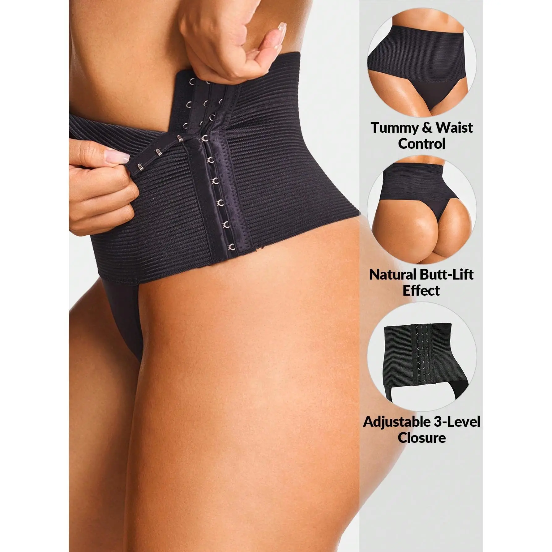 Shape Seamless High-Waisted Thong Shapewear Bottom Body Shaper Butt Lifter With Adjustable 3-Level Closure Butt Lifter-Tummy Waist Control Womenswear Fabric Black Comfort Sexy Compression
