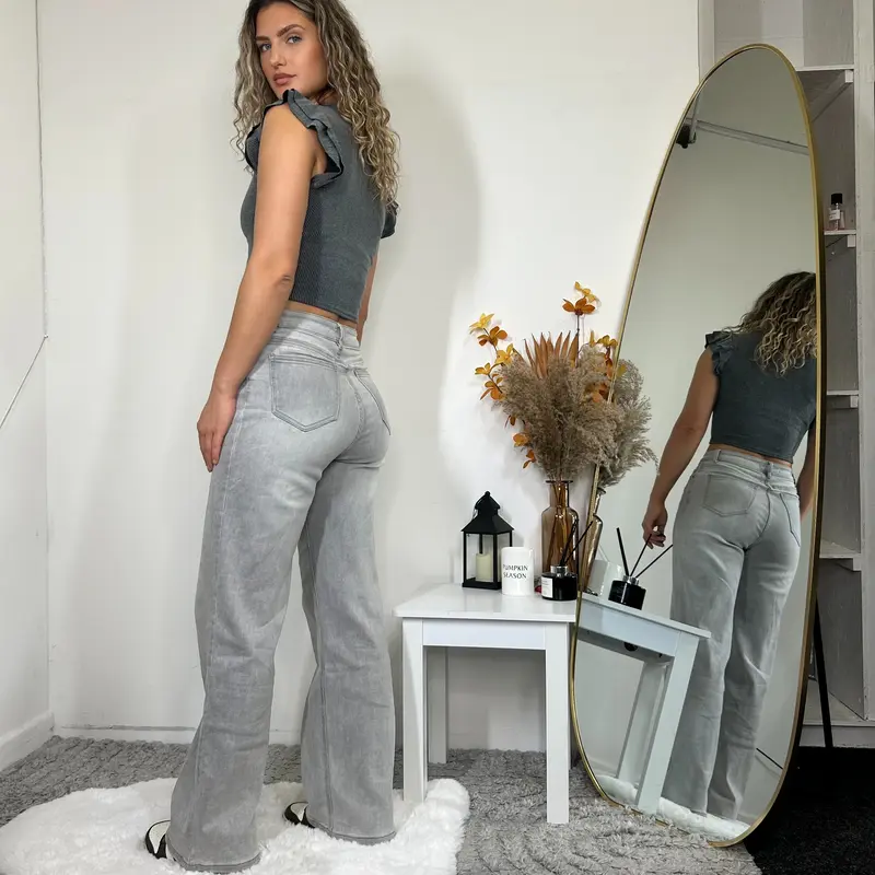 Stretchy Wide Straight Leg -Girl Jeans Dad Fit High Waisted Denim Blue Stretch Comfortable Wide Leg Womens jeans Casual sevens  jeans Cotton Fabric 1