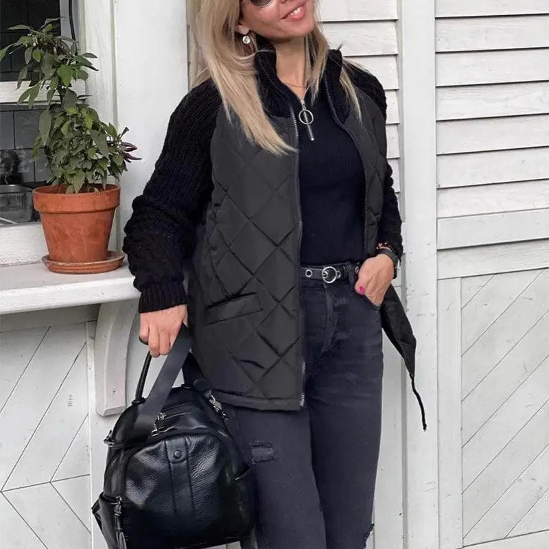 Women Stand Collar Fashion Knitted Stitching Jacket Womenswear coat solid minimalist Fabric Knitwear Army Check Garment Hoodie 7
