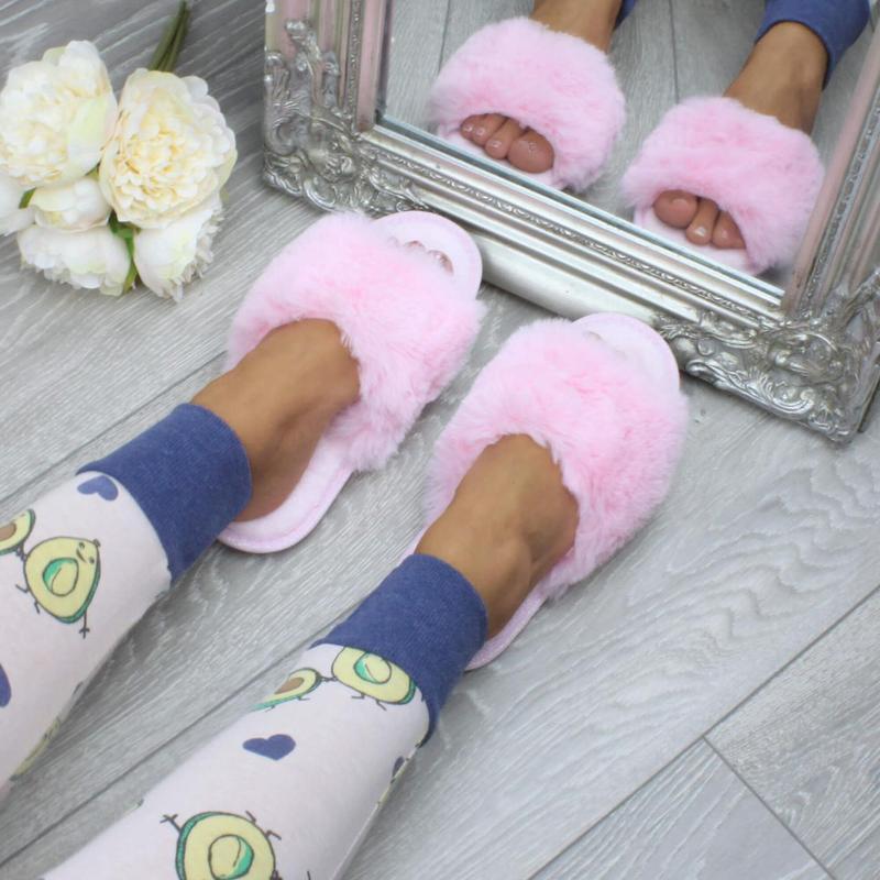 Womens ladies fluffy indoor memory foam washable peep toe slippers slides size  - V4115 6