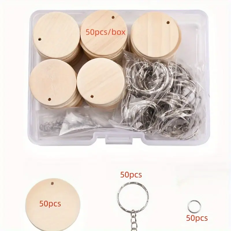 50pcs DIY Wooden Round Pendant Keychain Making Kit - Create Your Own Customizable Keychain Accessories with Key Rings - Perfect for Craft Enthusiasts and Gift Giving 4