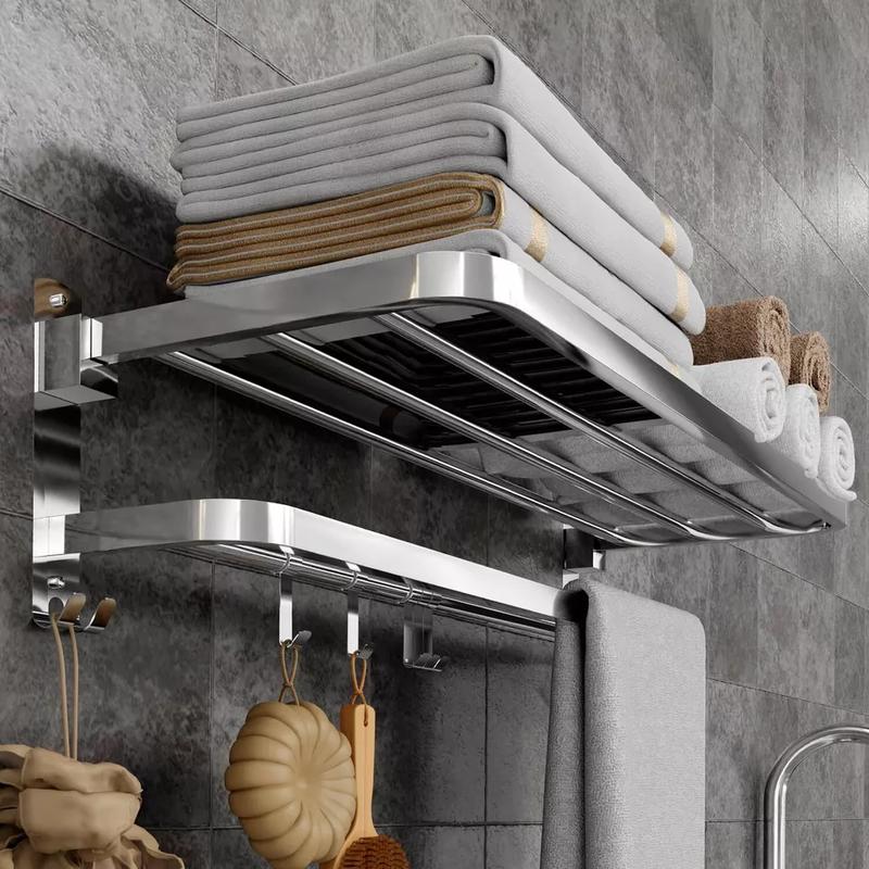 Double Tier Towel Rail Holder Wall Mounted Bathroom Rack Shelf With Hook Folding 6