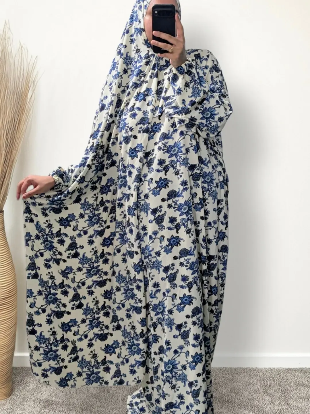 White Floral Prayer Abaya with Pockets, Custom Attached Scarf & Tailored Length Option - Ookti Handmade Modest Muslim Women Clothing