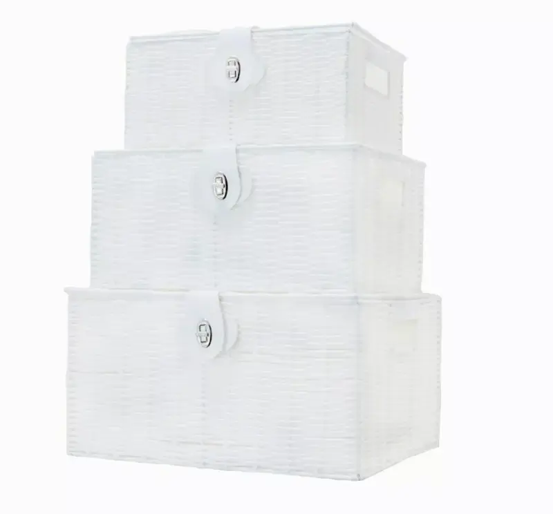 SET OF 3 RESIN WOVEN WICKER XMAS HAMPER BASKET STORAGE BOX WITH LID & LOCK GIFT 4