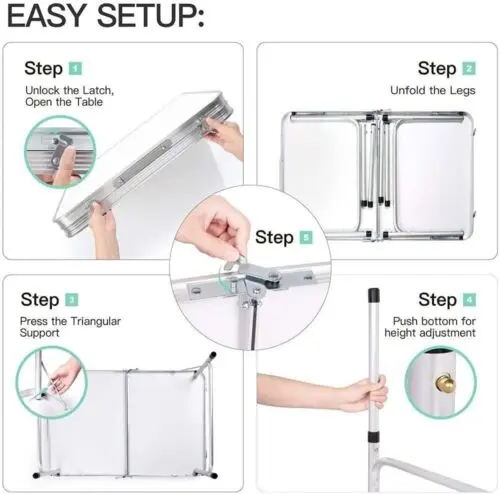 3FT/90cm Folding Table Heavy Duty Aluminium Foldable Portable Adjustable Height Lightweight with Carry Handle and Non-Slip Rubber feet for Camping Indoor Kitchen, Dinner, Catering, Buffet and Garden,White-(90x60x37/67cm) 3