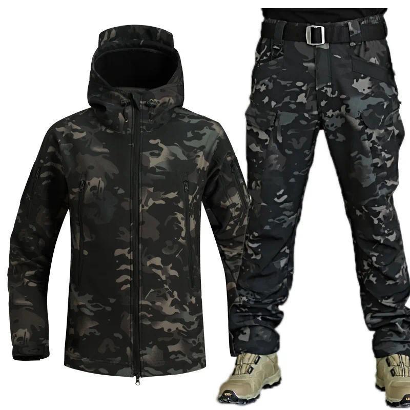 Waterproof Windproof Hooded Jacket and Pants, Soft Shell, Plush, Thickened, Outdoor Fishing, Cutting, Wear-Resistant,Winter, 5XL 3