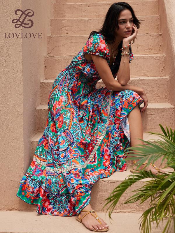 LovLove 1300 brand woman Floral print spaghetti ruffle hem off shoulder backless cami  asymmetric womens fashion bohemian dress 4