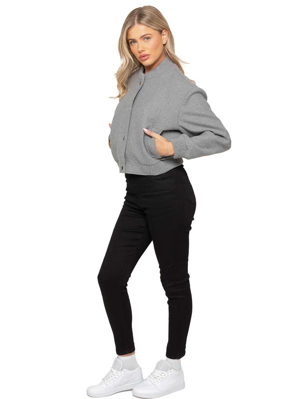Crop Button Up Bomber Jacket - Grey 2