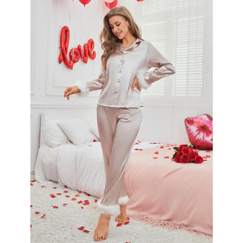 2025 New Women's Satin Plush Patchwork Pajama Set Valentine's Day 4