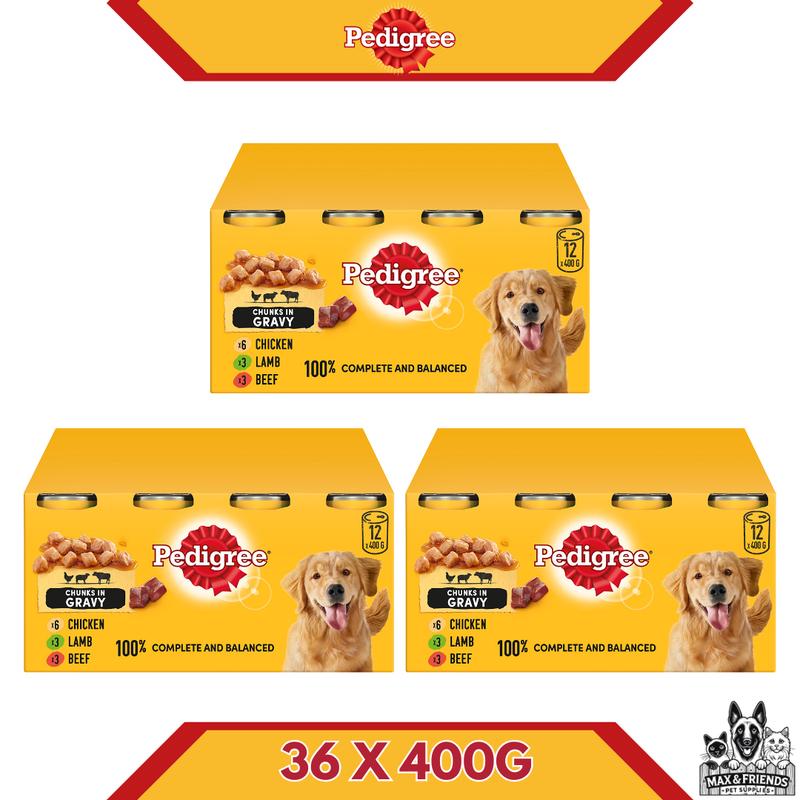 Pedigree Mixed Wet Adult Dog Food Mixed In Gravy Chicken X 6, Lamb X 3 & Beef X 3 (12x400G) Available In 12,24 & 36 Pack 0