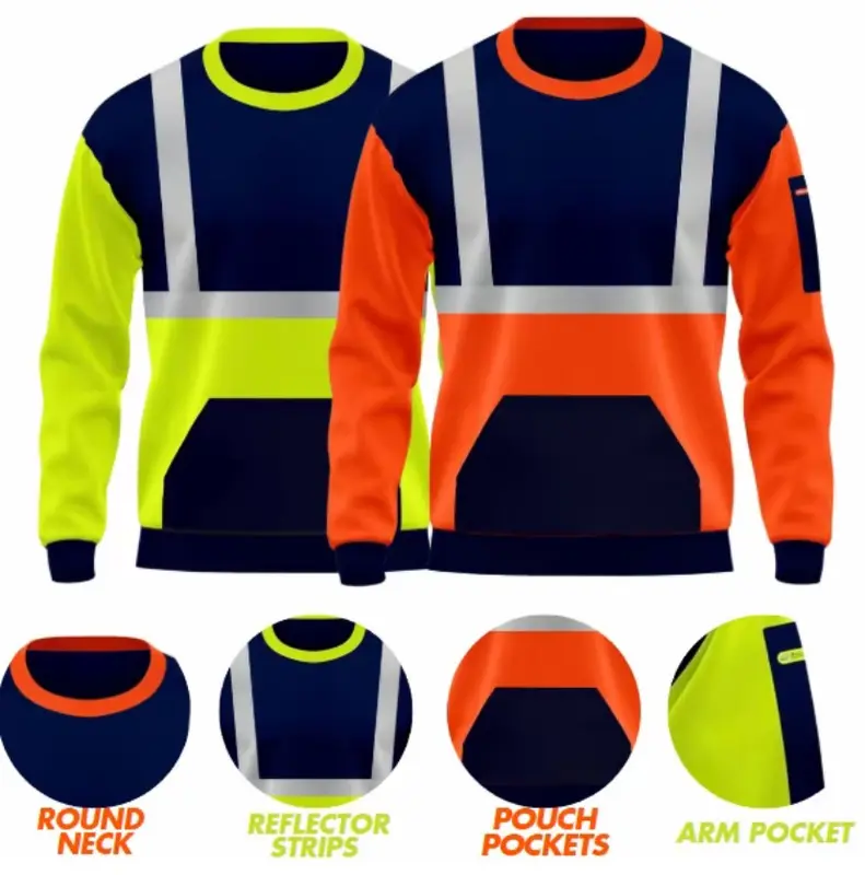 Hi Viz Hi Vis High Visability Visibility Sweatshirt Jumper Pullover Bright Menswear Men Storm Range Tradesmen Workwear PPE Stylish Side Pockets Utility Pouch Pockets Arm Pocket Round Neck Crewneck Visible Long Sleeve Crewneck 1