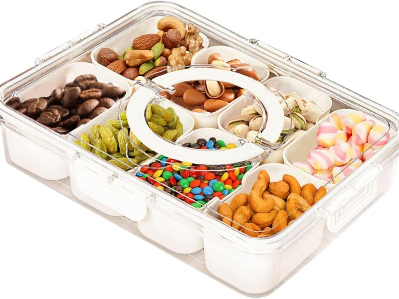 Divided Serving Tray with Lid & Handle, Snack Box Container , Plastic Portable Food Storage Container Snack Platters, 8 Removable Compartment Box for Parties, Reusable Appetizer Clear Organizer for Veggie, Candy, Fruit,Nut Kitchen Utensils Sturdy 1