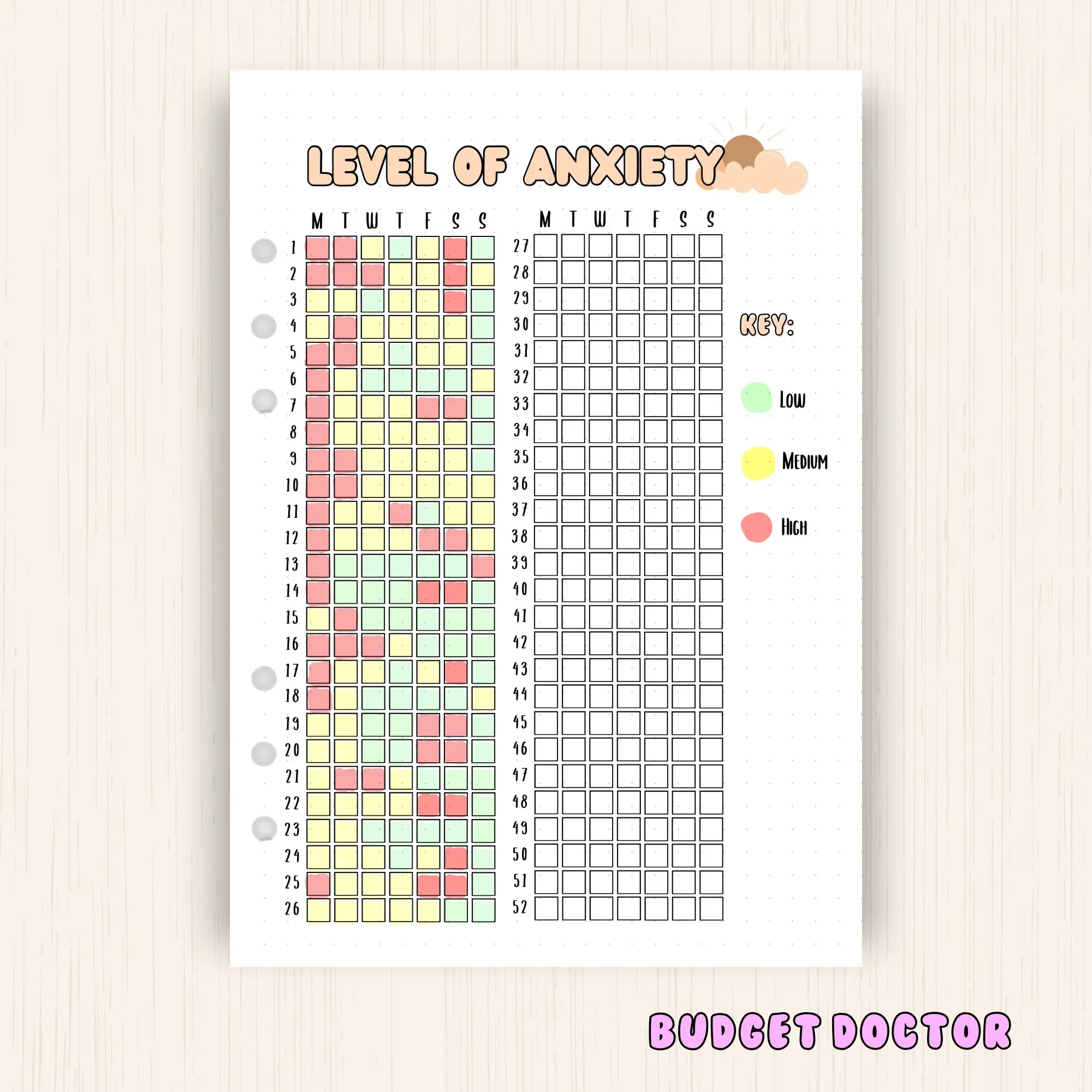 Anxiety + Depression Yearly Tracker, A5 Card stock Paper to fit in 6 ring planner journal