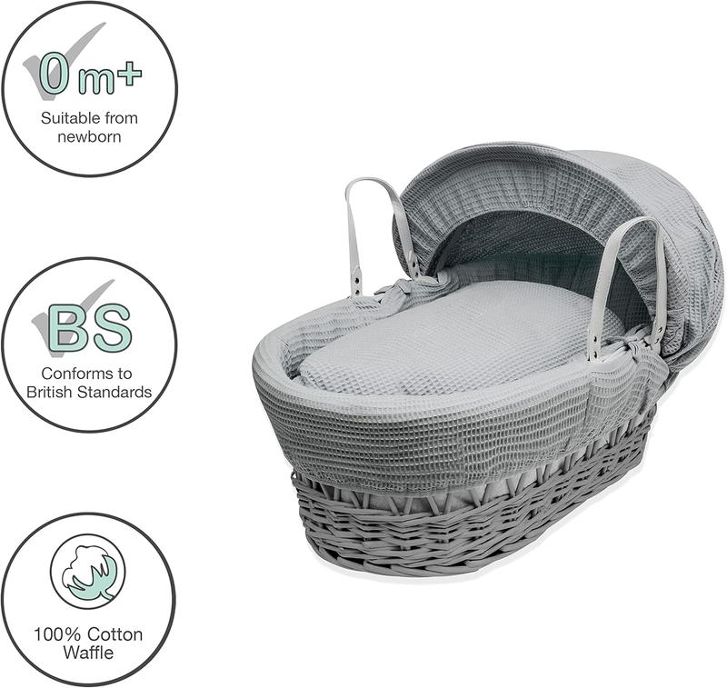 BABY Grey Waffle Grey Wicker Moses Basket with Chester Grey Rocking Stand, Adjustable Hood, Fibre Mattress & Padded Liner 2