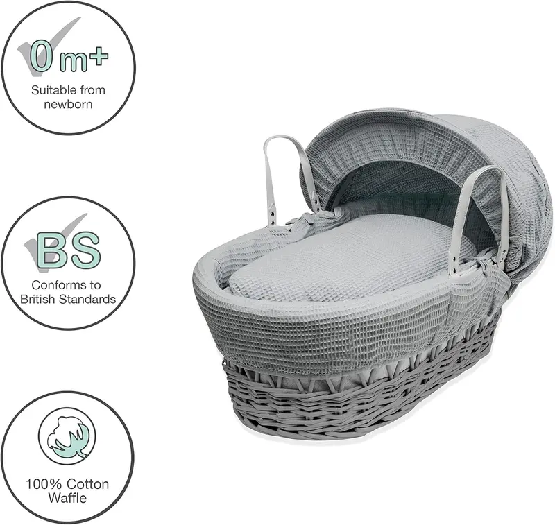 BABY Grey Waffle Grey Wicker Moses Basket with Chester Grey Rocking Stand, Adjustable Hood, Fibre Mattress & Padded Liner 2