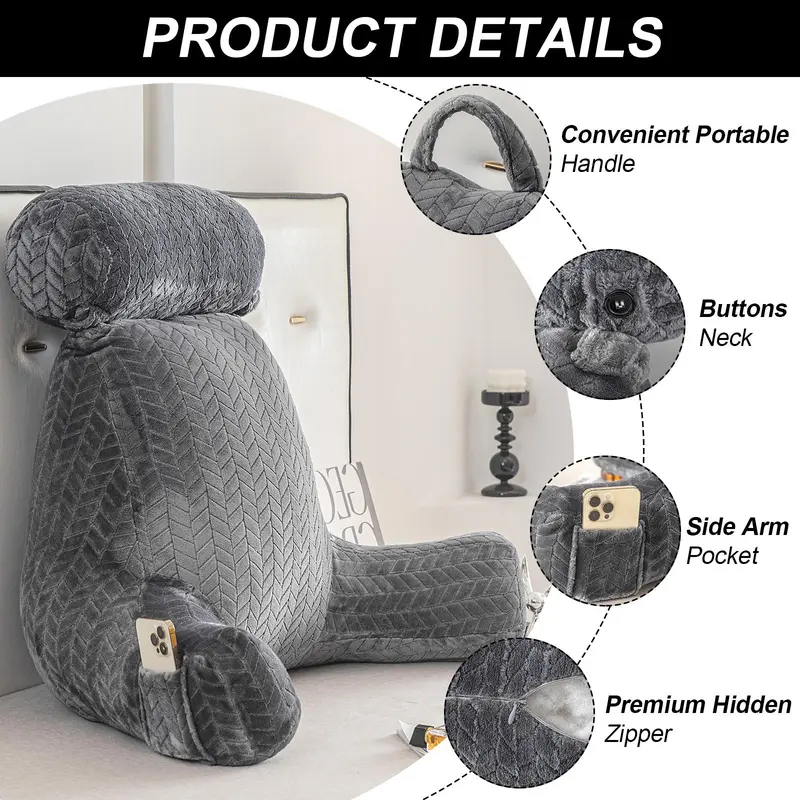 XXL Adult Reading Pillow Back XXL Adult Reading Pillow – Extra Large Back Pillow for Sitting in Bed, Backrest Lounge Cushion with Arms & Pockets, Ultimate Back Support Bed Rest Pillow for Comfort and Relaxationfor Sitting in Bed Backrest Lounge Cushion 5