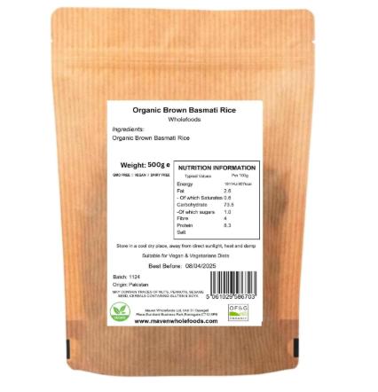 Maven Wholefoods Organic Brown Basmati Rice 500g - GMO Free, Raw, Vegan, High Fibre, Certified Organic, Source of Protein Grain Carb 1