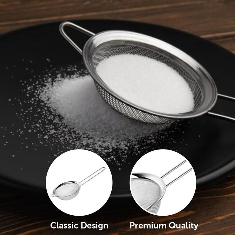 Tea Strainer Fine Mesh Sieve (7cm 8cm 10cm) Size Stainless Steel with Non Slip Handle Kitchen Craft Strainers for Loose Tea Cocktail Juice Flour Spices and Baking Silver Color (Pack of 3) 4