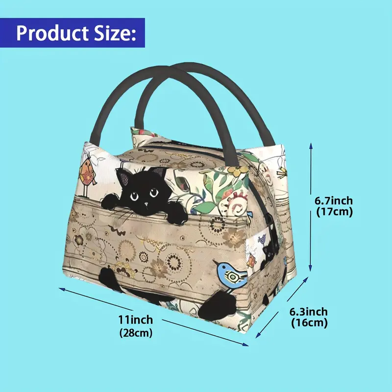 Black Cat and Bird Pattern Portable Insulated Lunch Bag, 27.94x16.0x17.02cm, Suitable for Camping, Picnics, Beaches, and Outdoor Activities 1