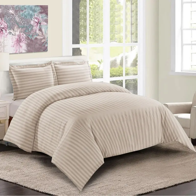 Satin Stripe Duvet Quilt Cover Bedding Set Single Double King Super-King Size W Pillowcases Microfiber Sleepdown Premium Hotel Quality Duvet Cover Set with Pillowcases Quilt Bedding Soft Easy Care Luxury Bed White Black Silver Cream Grey 2