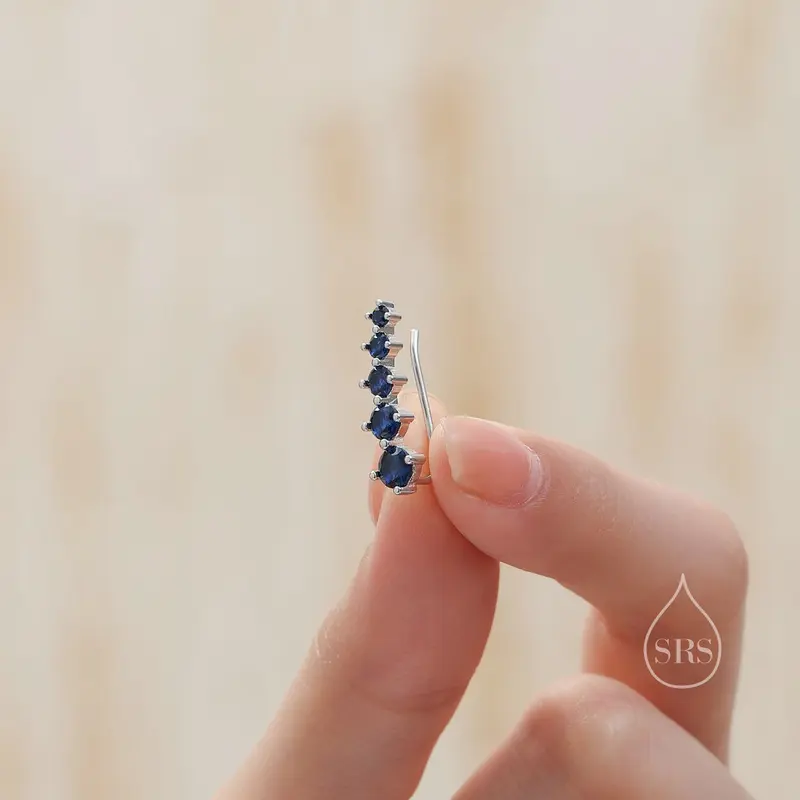 Sapphire Blue CZ Crystal Crawler Earrings in Sterling Silver, Silver or Gold 1