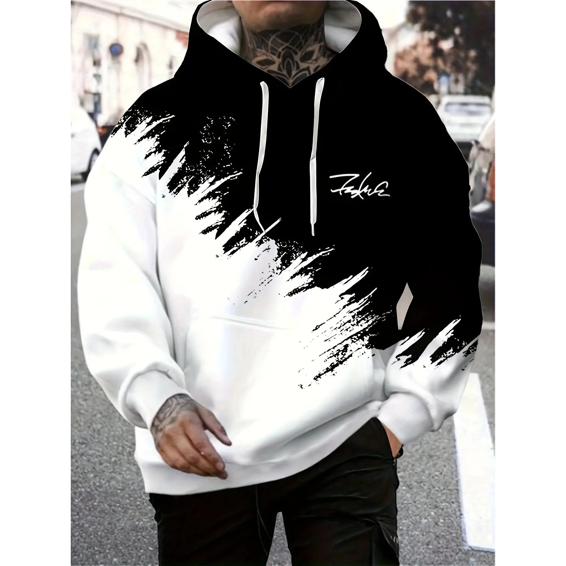 Long Sleeve Men's Casual Graphic Print Hoodie with Color Block Letters, Kangaroo Pocket, Hooded Sweatshirt for Outdoor Menswear Tops
