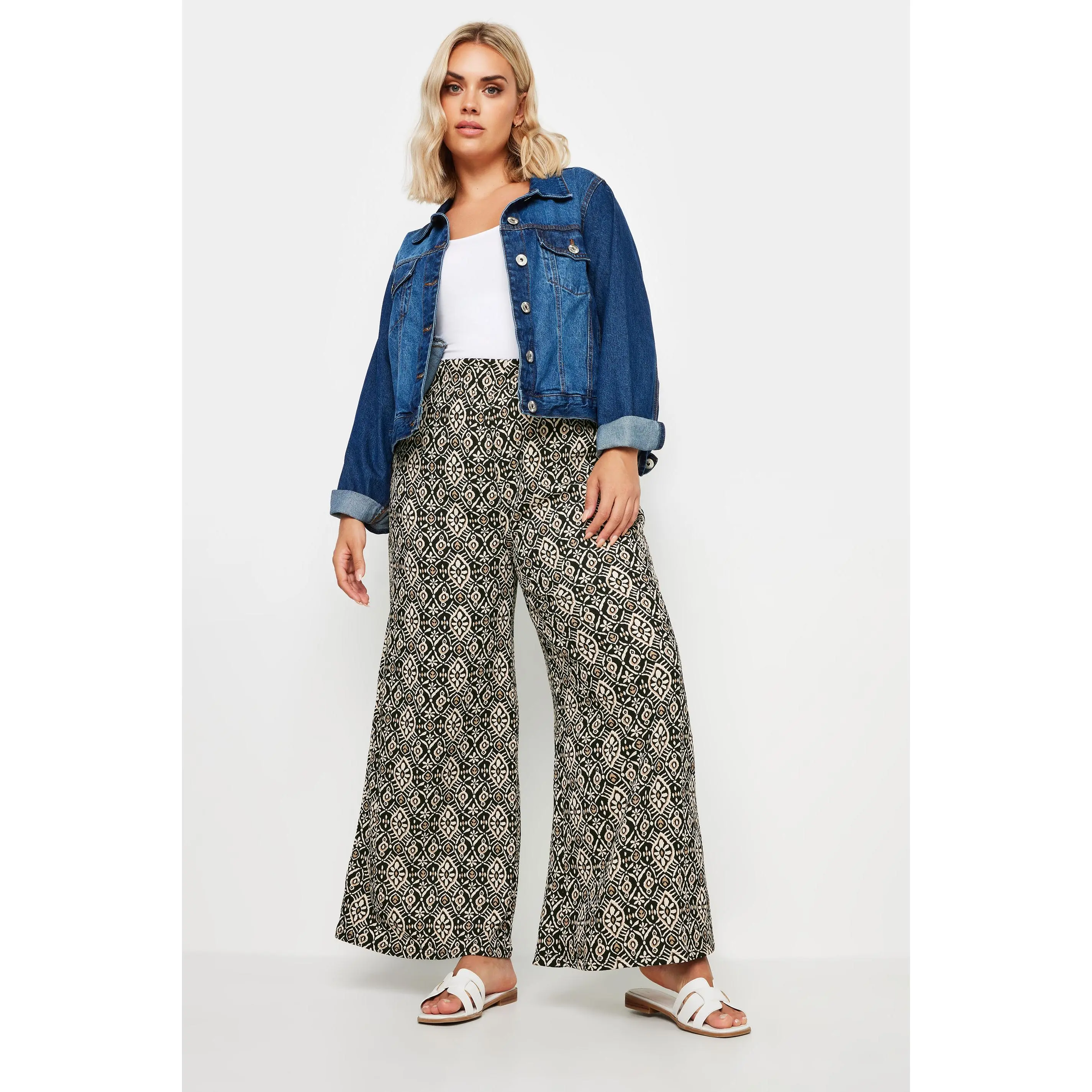 YOURS Curve Black Tile Print Textured Wide Leg Trousers