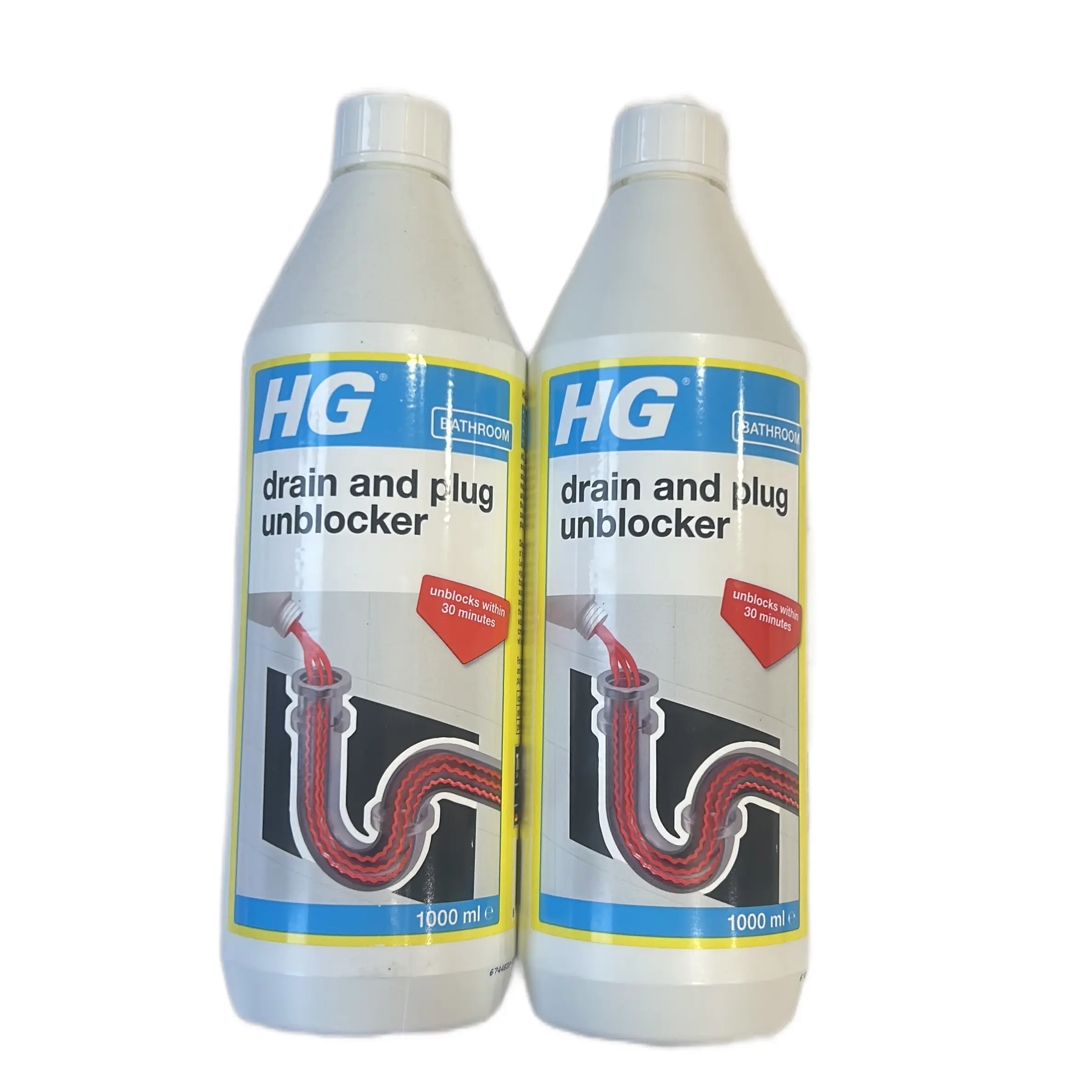 HG Drain and Plug Unblocker 1L - Pack of 2 for Bathroom - Unblocks in 30 Minutes - Household