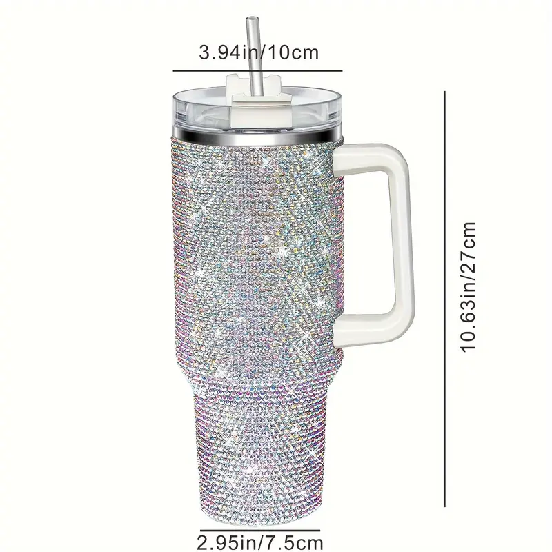 1pc 40 Oz Tumbler With Handle And Straw Lid, Studded Bling Diamond Tumbler, Stainless Steel Insulated Water Cup, Double Wall Travel Mug Fix For Car Cup Holder For Women 2