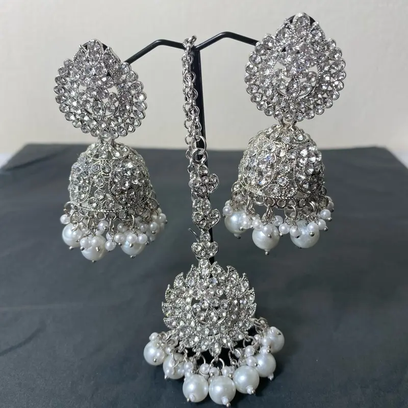 Stone and Pearls Earrings with Tikka Set for Women