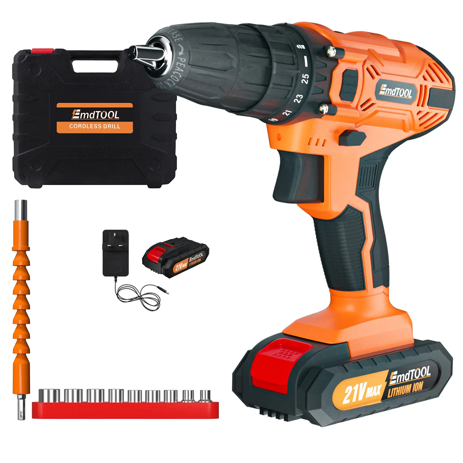 Cordless Drill Set 21V, 3/8” Chuck Electric Drill, 45N.m Max Electric Power Drill with Battery and Fast Charger, 25+1 Torque Electric Drill, 2 Speed Combi Drill & LED Light, 29pc Accessory Kit, for Home DIY