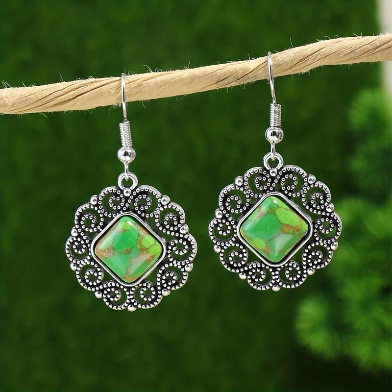 Boho Style Jewelry Set with 3-Piece Earrings and Necklace, Inlaid Green Gemstone and Cute Flower Edge - Great Gift for Her 6