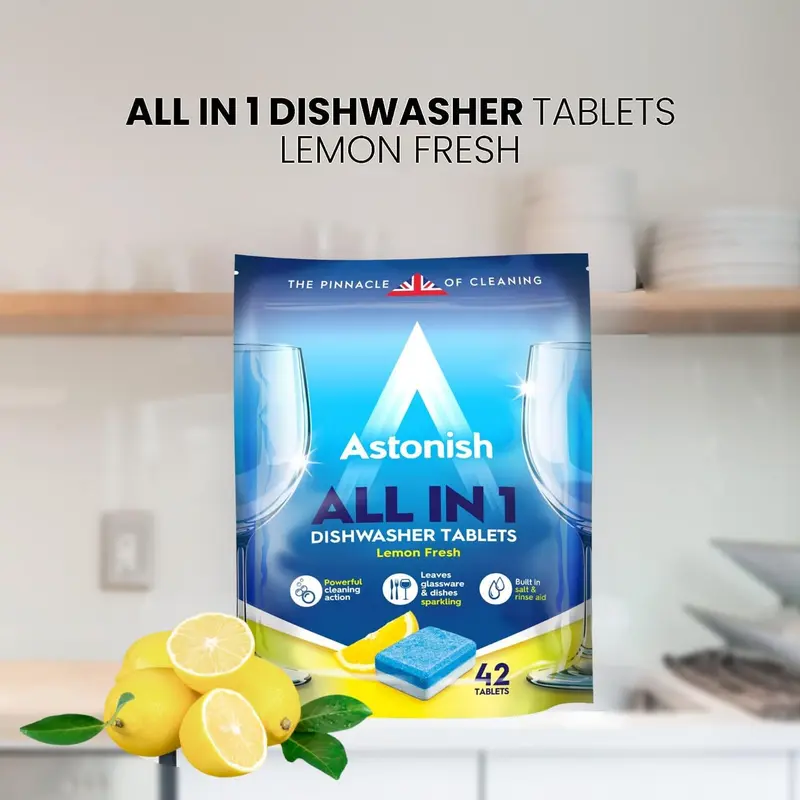 Astonish All In 1 Powerful Cleaning Dishwasher Tablets with Salt and Rinse Aid, Pack of 42 Tablets, Lemon Fresh Household 2