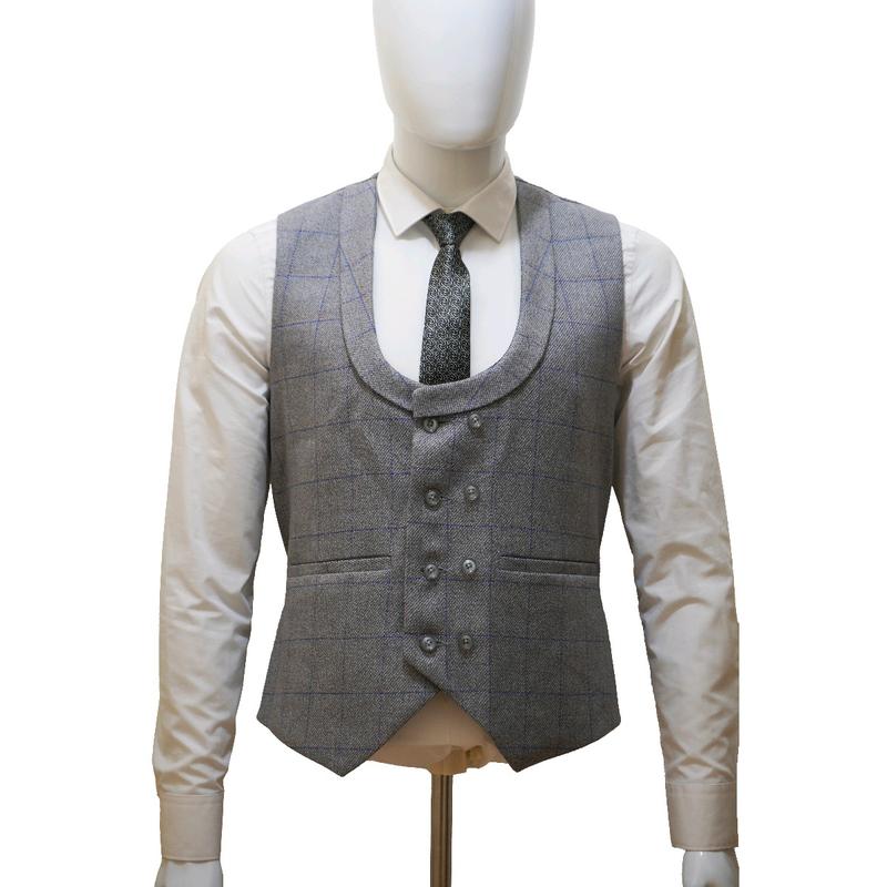 Men's Tweed Grey Check 3 Piece Suit - Wool Jacket, Waistcoat, Trousers & Tie 1