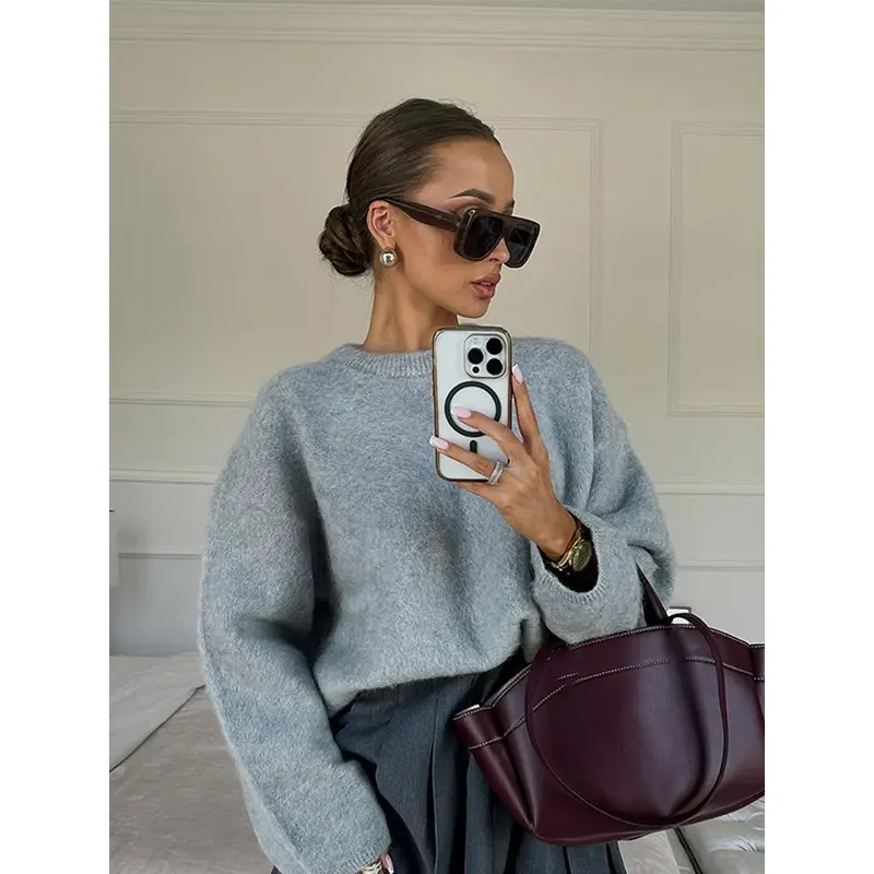 Casual Brown O-Neck Knitted Cashmere Pullover Women Fashion Full Sleeve Loose Commute Jumper 2024 Autumn Lady Street Outerwears 5