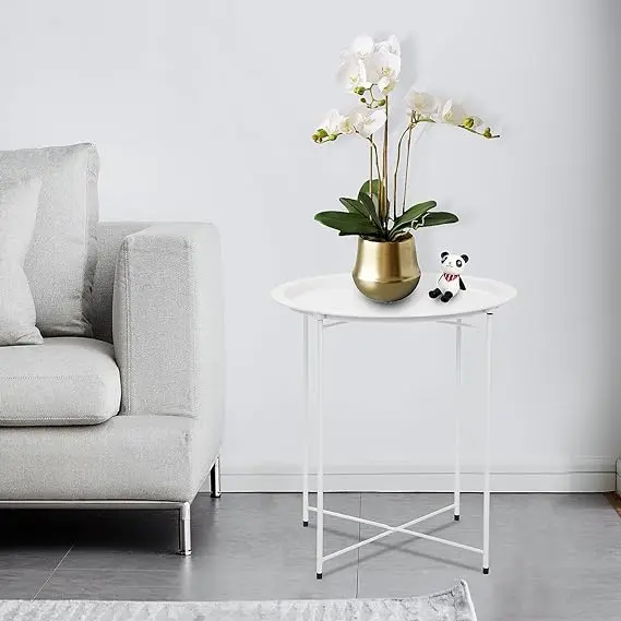 Tray Metal Side Table 47x50cm Small Side Table With Removable Round Tray Round Coffee Table for Outdoor or Indoor for Home Kitchen White 4
