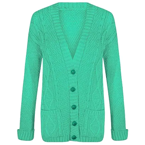 Womens Long Sleeve Chunky Cable Knitted Grandad Cardigan Girls Button Up Pocket Cardigan 7