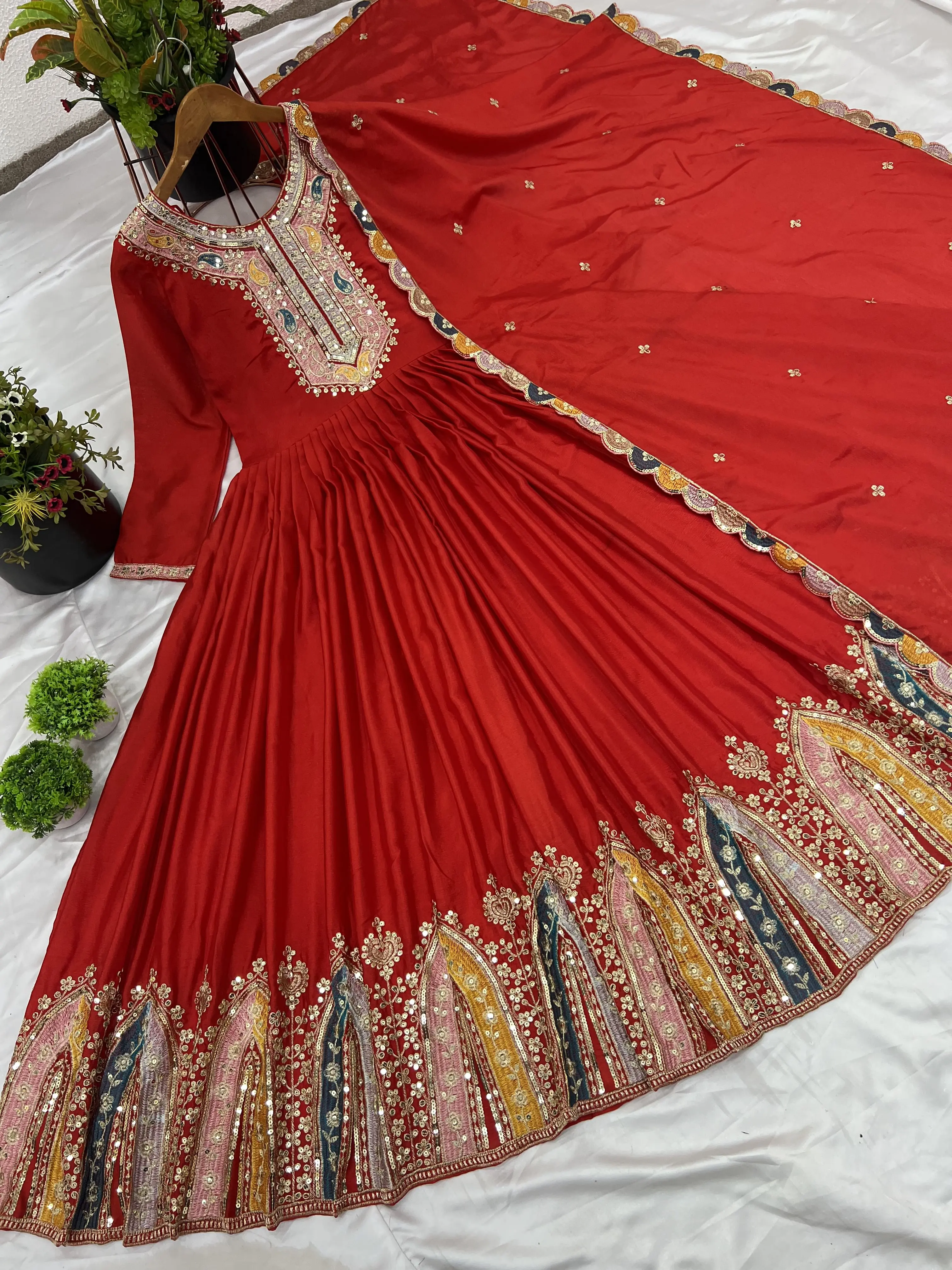 TJS Premium Red Anarkali Dress with Intricate Multicolor Embroidery & Floral Motifs – Elegant Festival & Occasion Wear for Women of All Sizes – Perfect for Weddings, Special Events, and Celebrations – Luxury Ethnic Design with Stunning Detailing Silk Cott
