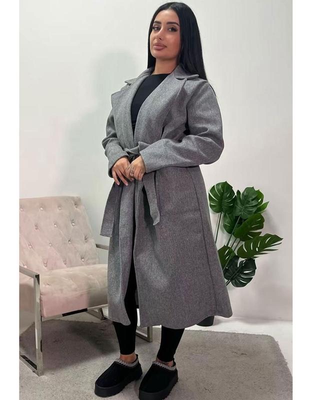 Womens Casual Long Sleeve Lapel Collar 2 Front Pockets Tie Up Long Coat Ladies Outdoor Winter Warm Belted Waist Trench Duster Long Coat Jacket 5