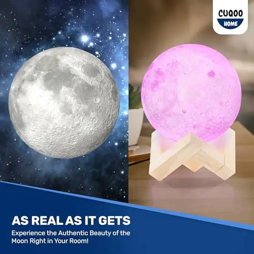 CUQOO 3D Moon Shaped Night Light with Elegant Wooden Stand Realistic White Light with Touch Control & USB Charging Rechargeable 3D Printed Bedside Beautiful Full Moon Table Lamp Universal Decorative Night Light for Bedroom Living Room, Indoor Lighting 6