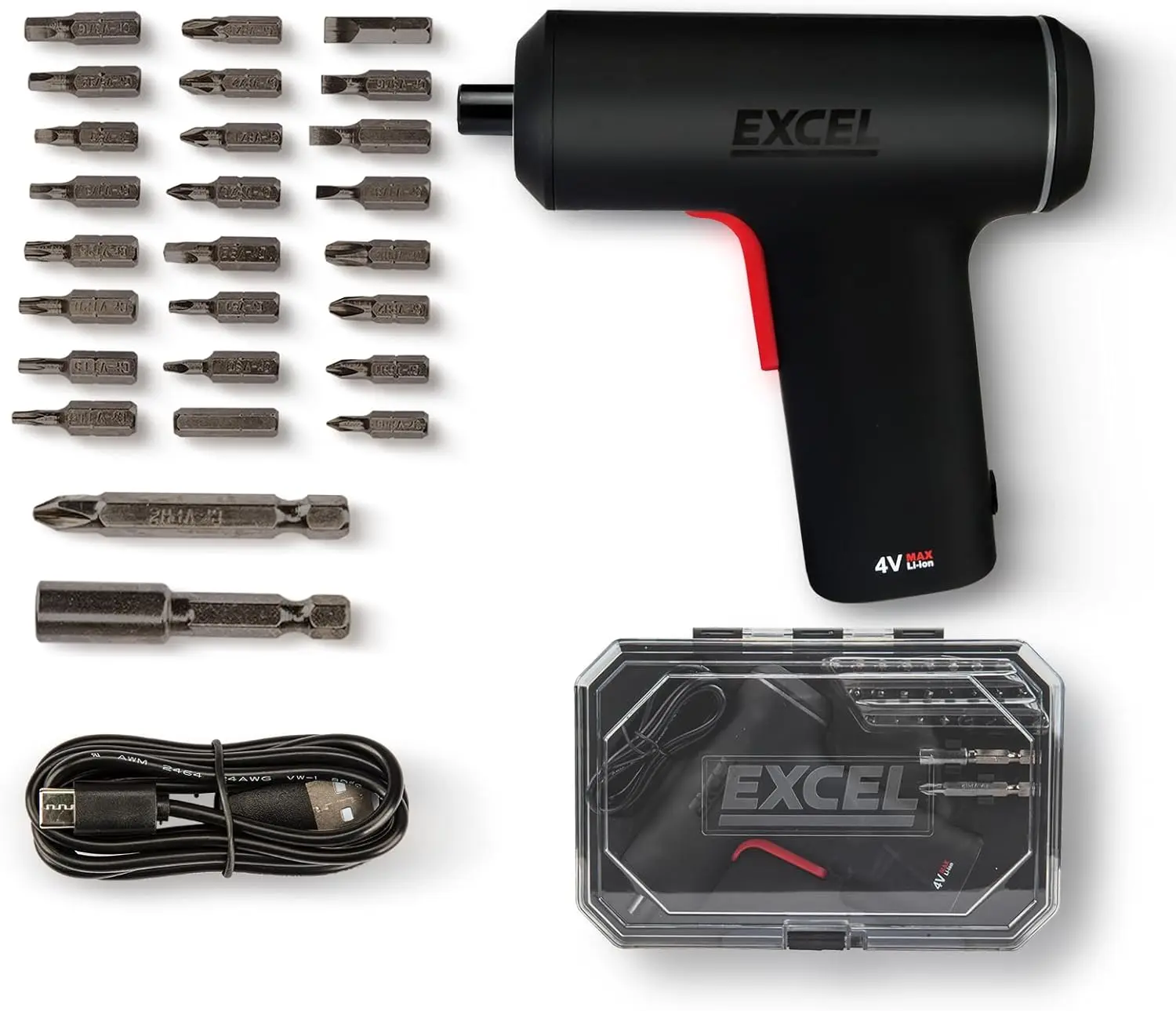 Excel 4V Cordless Rechargeable Screwdriver with 24 Piece 25mm Bits & Plastic Box