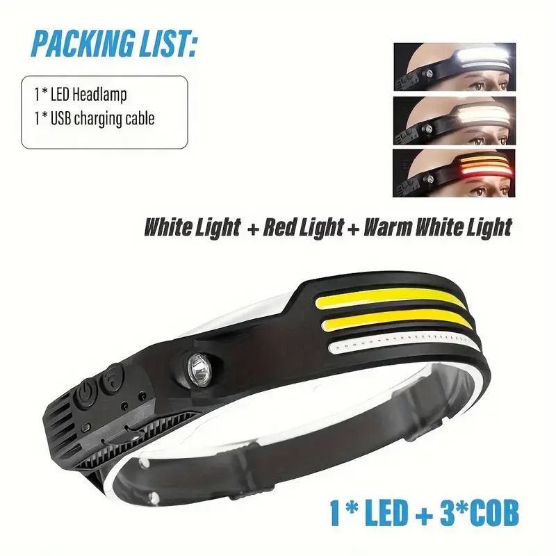 LiHangStar Rechargeable COB LED Headlamp, 230° Wide-Area Illumination, USB Charging, 5 Modes, Non-Waterproof, ABS Material, Matte Metal Finish, Includes USB Cable, Ideal for Fishing, Camping, Hiking, Outdoor Activities - Labor Day Festivities headlight