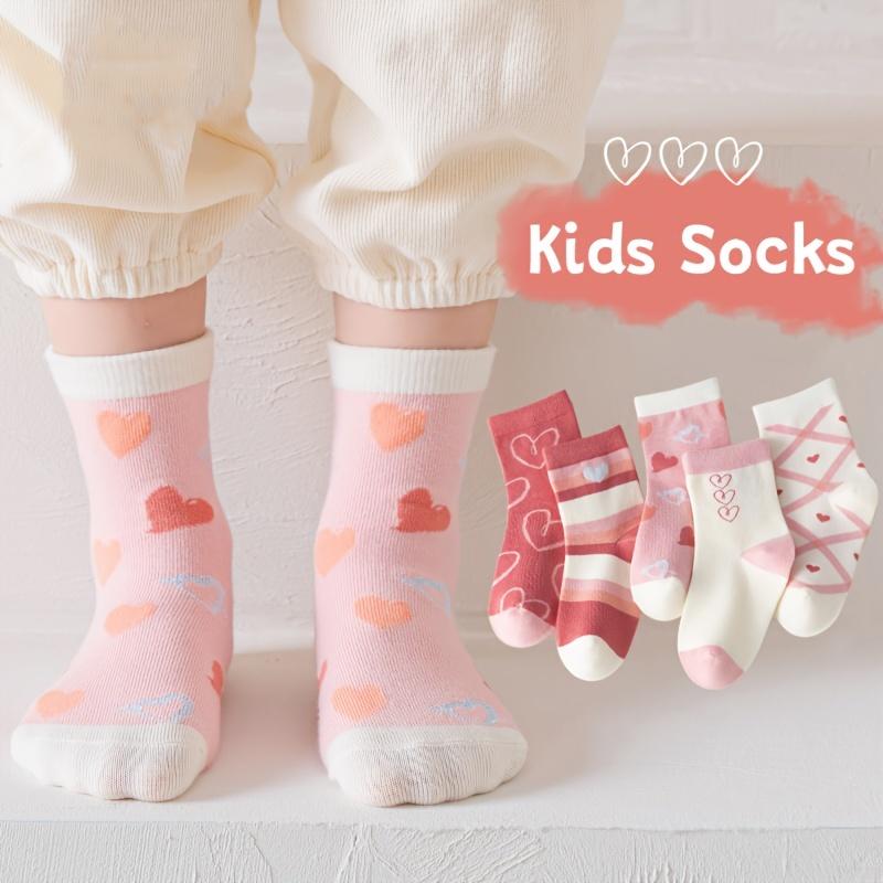 5 Pairs Girls Socks Set, Sweet Hearts And Stripes Print Crew Socks For Youth Kids 3
