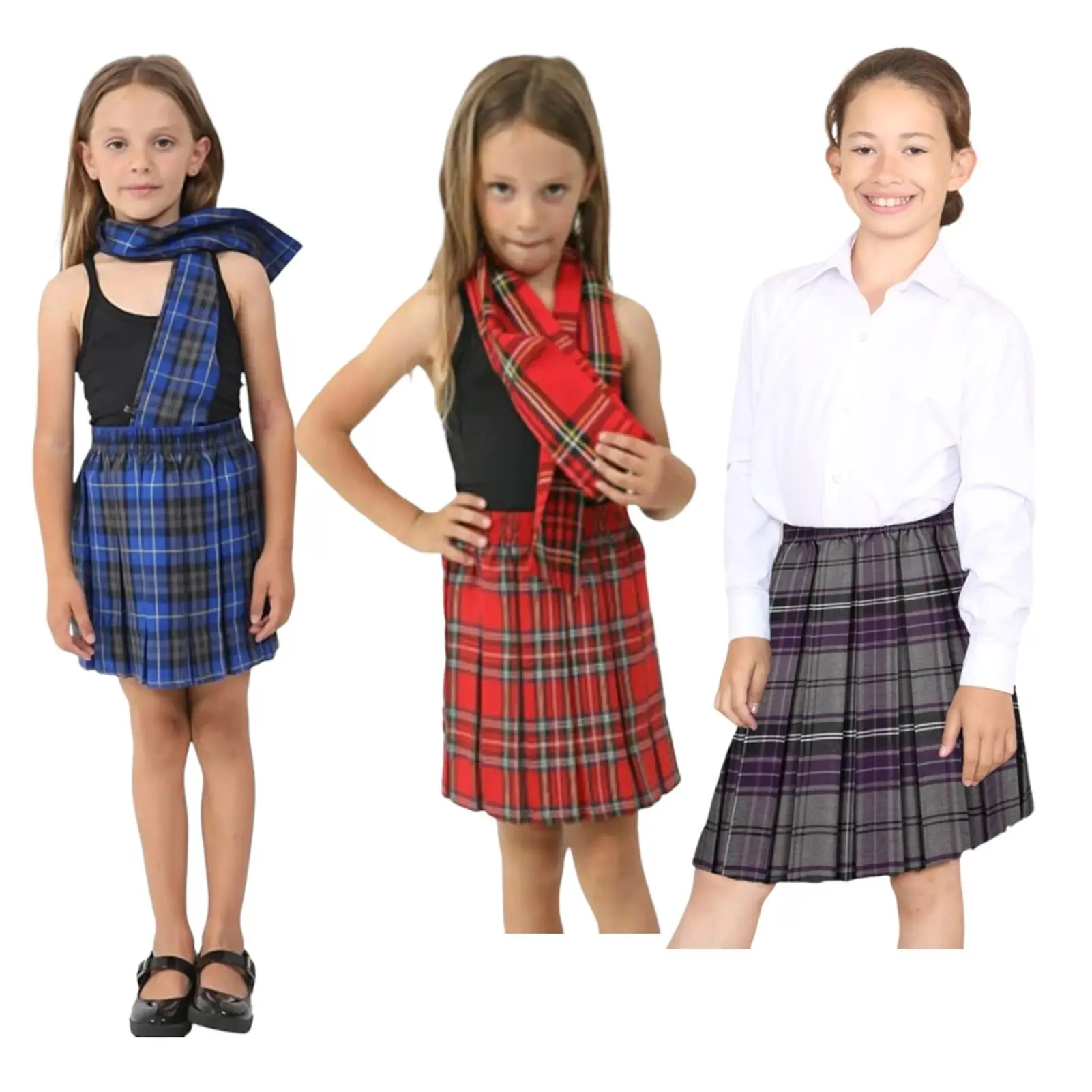 Girls Tartan Print Uniform Skirt with Box Pleats and Elasticated Waist for School Kids