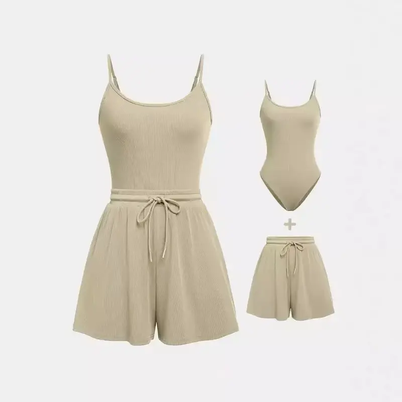 Women Abjustable Strap Cami Bodysuit & Drawstring Wide Leg Shorts Set, Casual Round Neck Sphaghetti Strap Bodysuit &Elastik Shorts Set, Back to School Womens Wear for Summer, Travel 2